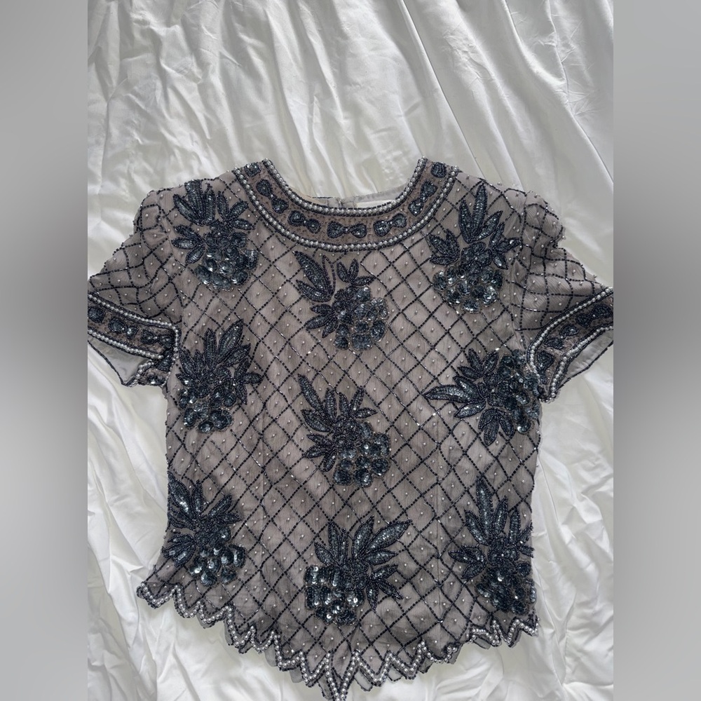 Papell Boutique Charcoal and Black Beaded Blouse
